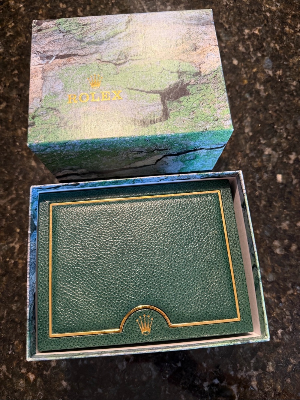 Vintage/ Rolex Green Leather-Style Watch Presentation Box with Gold Accents